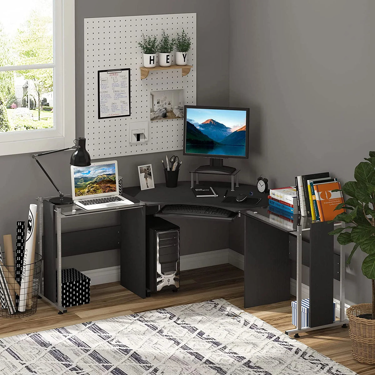 69" L-Shaped Tempered Glass Computer Desk with Monitor Stand U21241