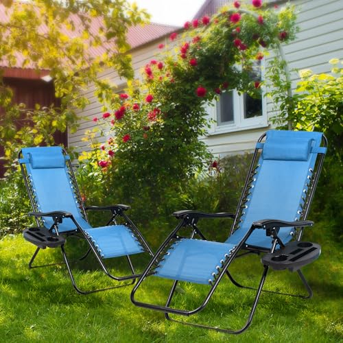 Set of 2 Adjustable Steel Mesh Zero Gravity Lounge Chairs with Pillow and Cup Holder C237917