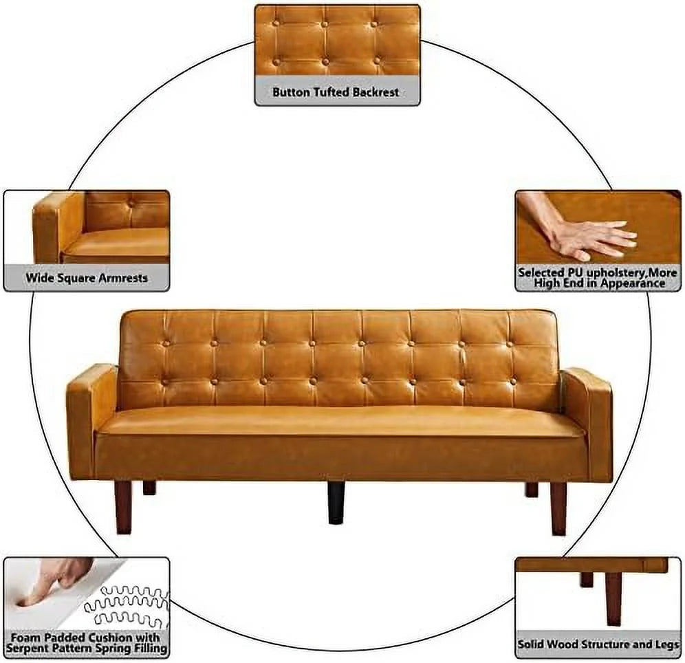 Tufted Linen Futon Sofa Couch Bed Twin Size with Solid Wood Legs I2812