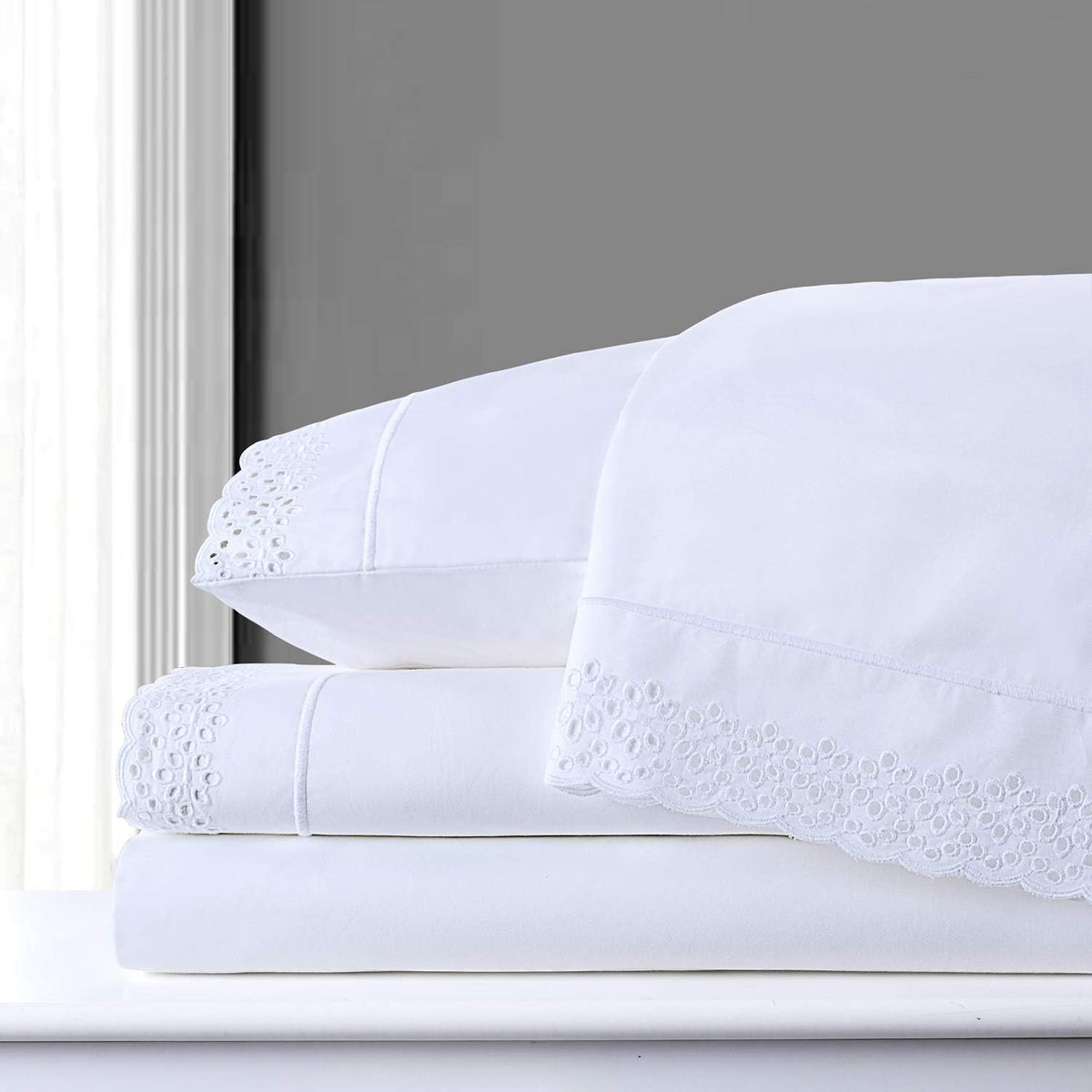 White King Size 100% Combed Cotton Percale Sheets Set with Deep Pocket Embroidered Eyelet Lace T99332