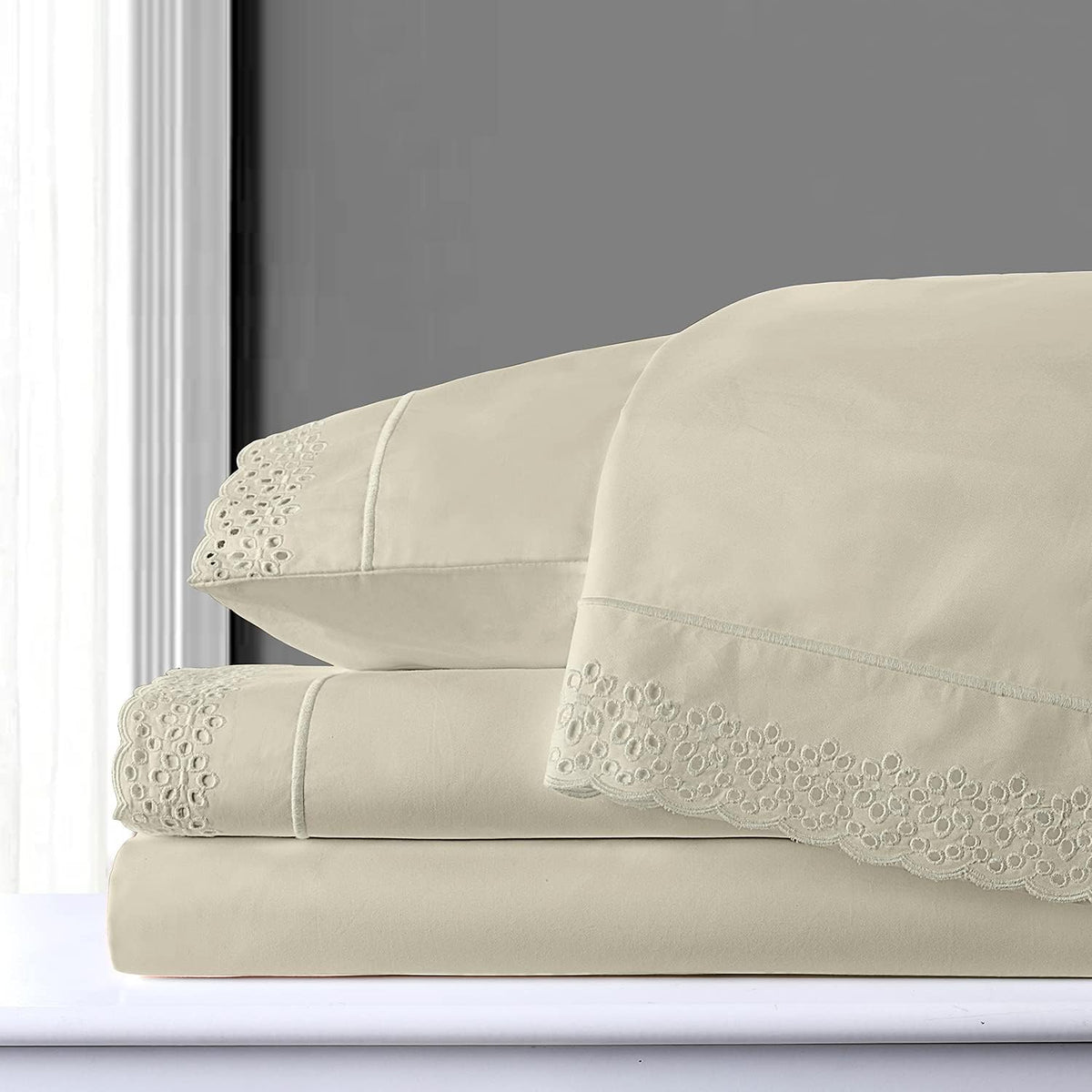 White King Size 100% Combed Cotton Percale Sheets Set with Deep Pocket Embroidered Eyelet Lace T99332