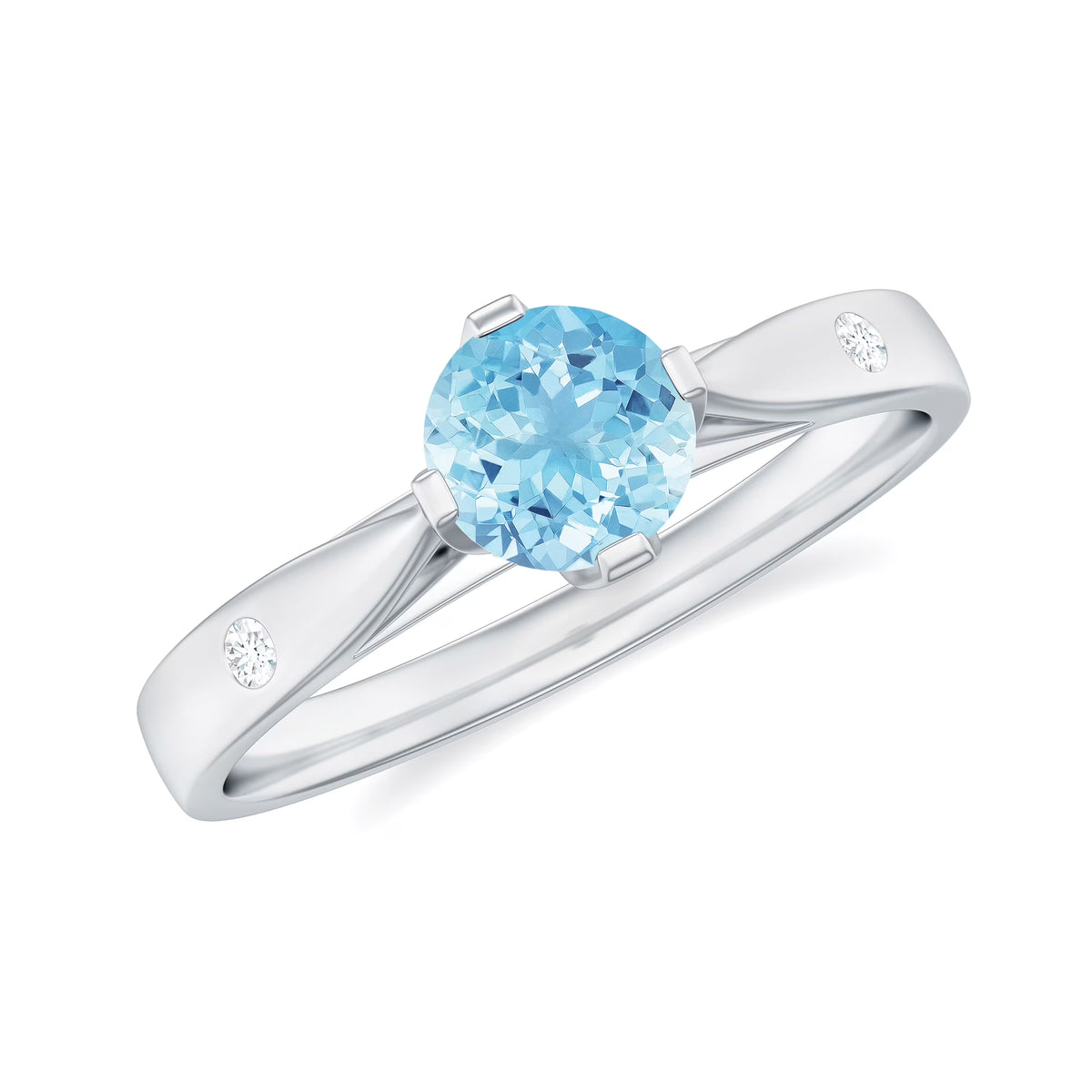 Aquamarine Solitaire Ring with Diamond, 925 Sterling Silver F343083