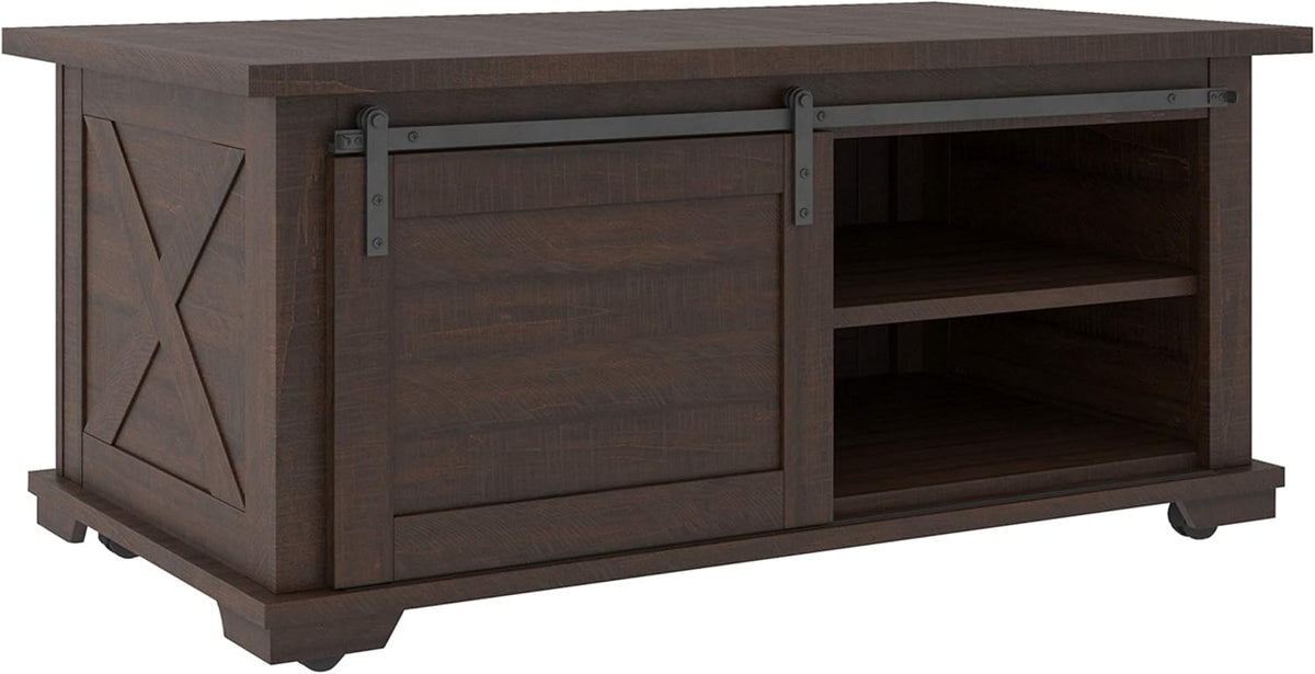 Farmhouse Rectangular Coffee Table with Sliding Barn Doors, Dark Brown V245741