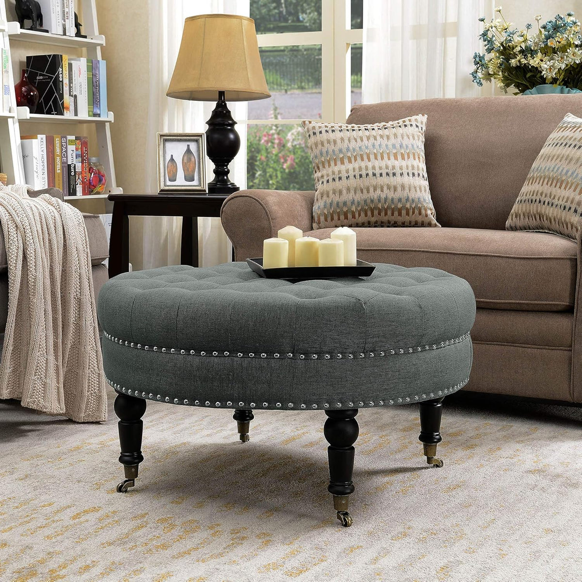 White Linen Ottoman with Caster Wheels F33795