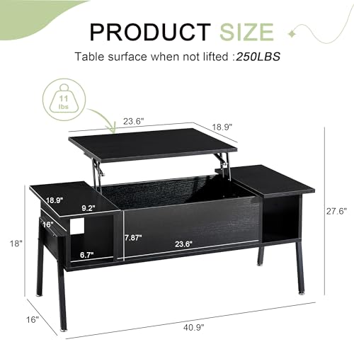 Black Wood Lift Top Coffee Table with Hidden Compartment and Storage Shelf C8988