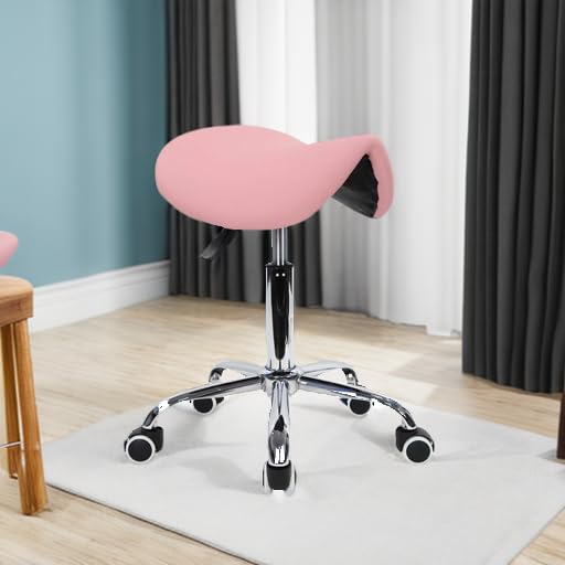 PU Leather Adjustable Rolling Saddle Stool with Wheels Black P472